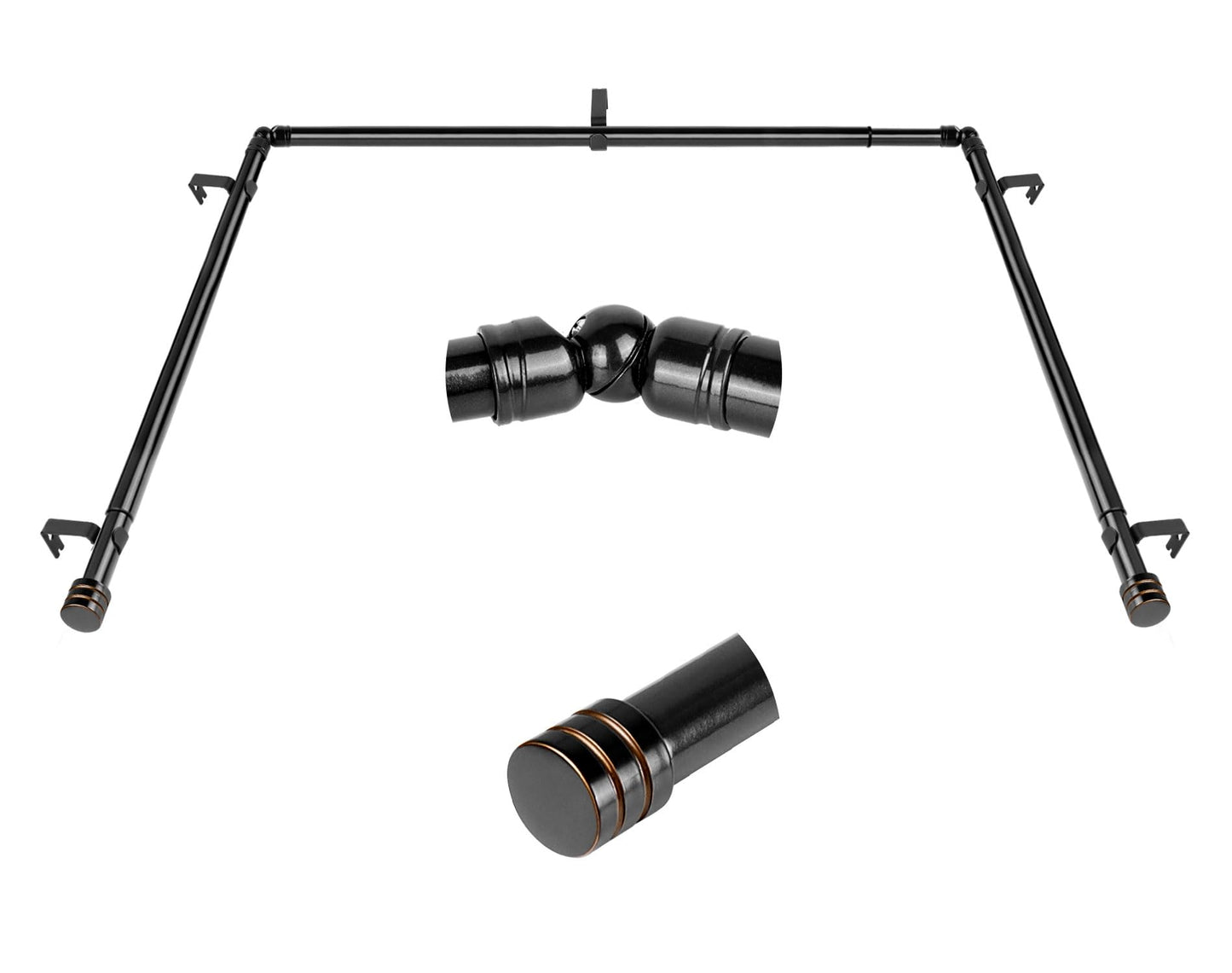 Bay Window Curtain Rods, HOTOZON 7/8 Inch Heavy Duty Curtain Rods for Bay Windows 48-84 Inch(Center Rod), 32-58 Inch Side Rods for Windows, Black, Decorative Drapery Rod with End Cap Finials