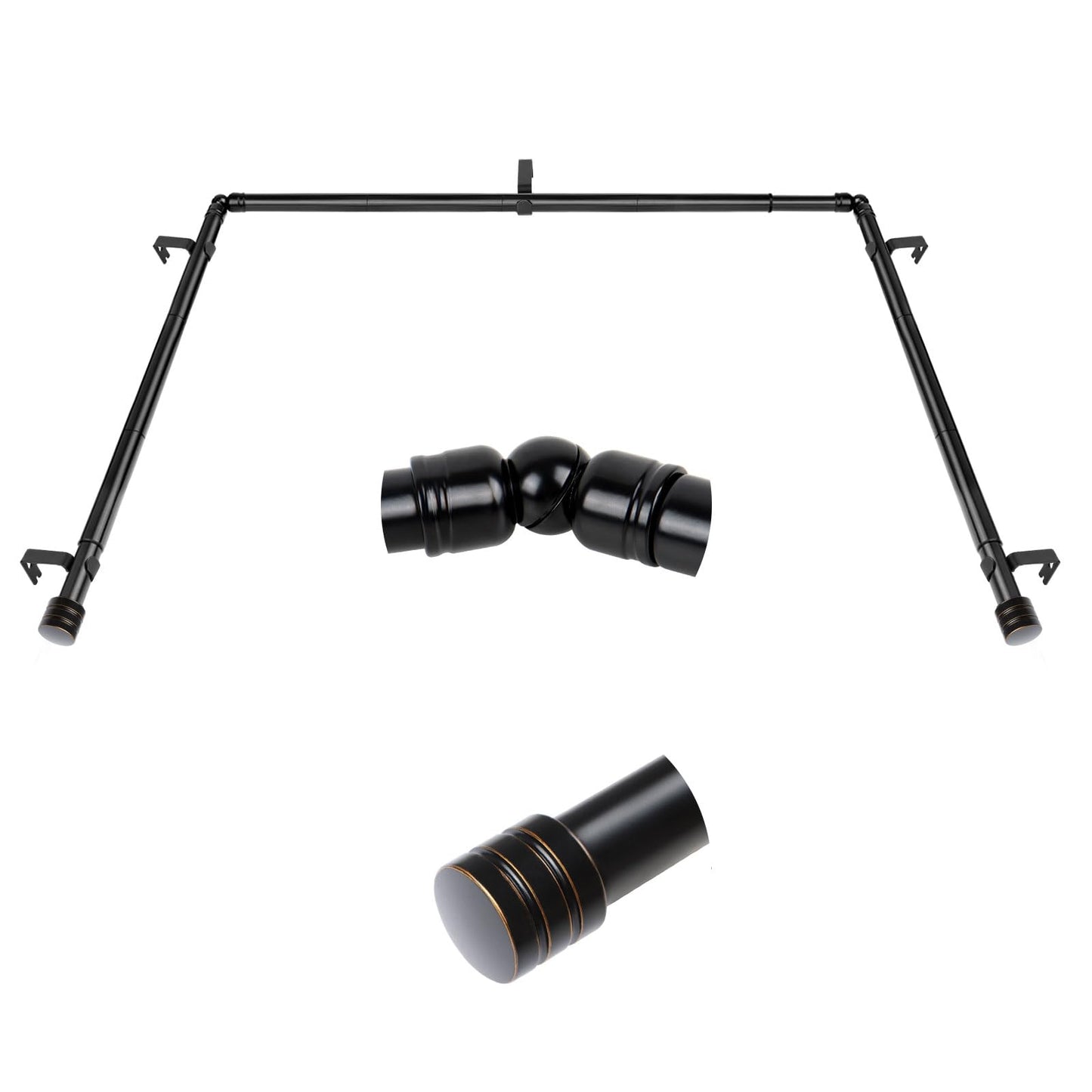 Bay Window Curtain Rods, HOTOZON 7/8 Inch Heavy Duty Curtain Rods for Bay Windows 48-84 Inch(Center Rod), 32-58 Inch Side Rods for Windows, Black, Decorative Drapery Rod with End Cap Finials