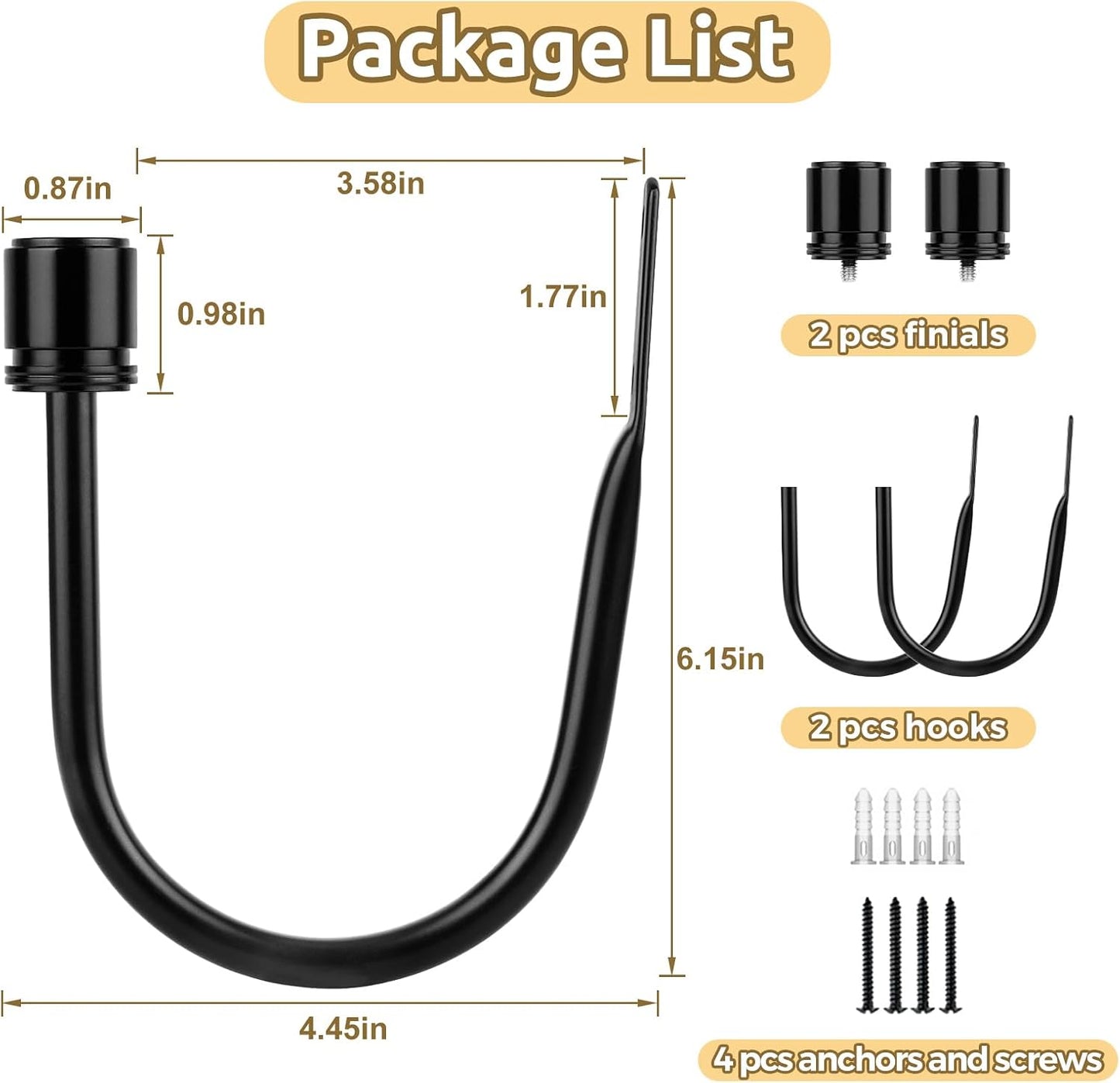Curtain Holdbacks 2 Pack, HOTOZON Decorative Curtain Tieback with Screws Wall Mounted, Curtain Hooks for Drapes with Simple End Finials, Black (1 Pair/2 Pack), Large