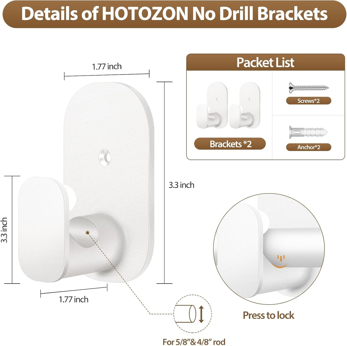 HOTOZON No Drill Curtain Rod Brackets 2 Pack, Self Adhesive Curtain Rods Hooks for Poles 5/8 Inches & 4/8 Inches, Renter Friendly Curtain Rod Holders, White