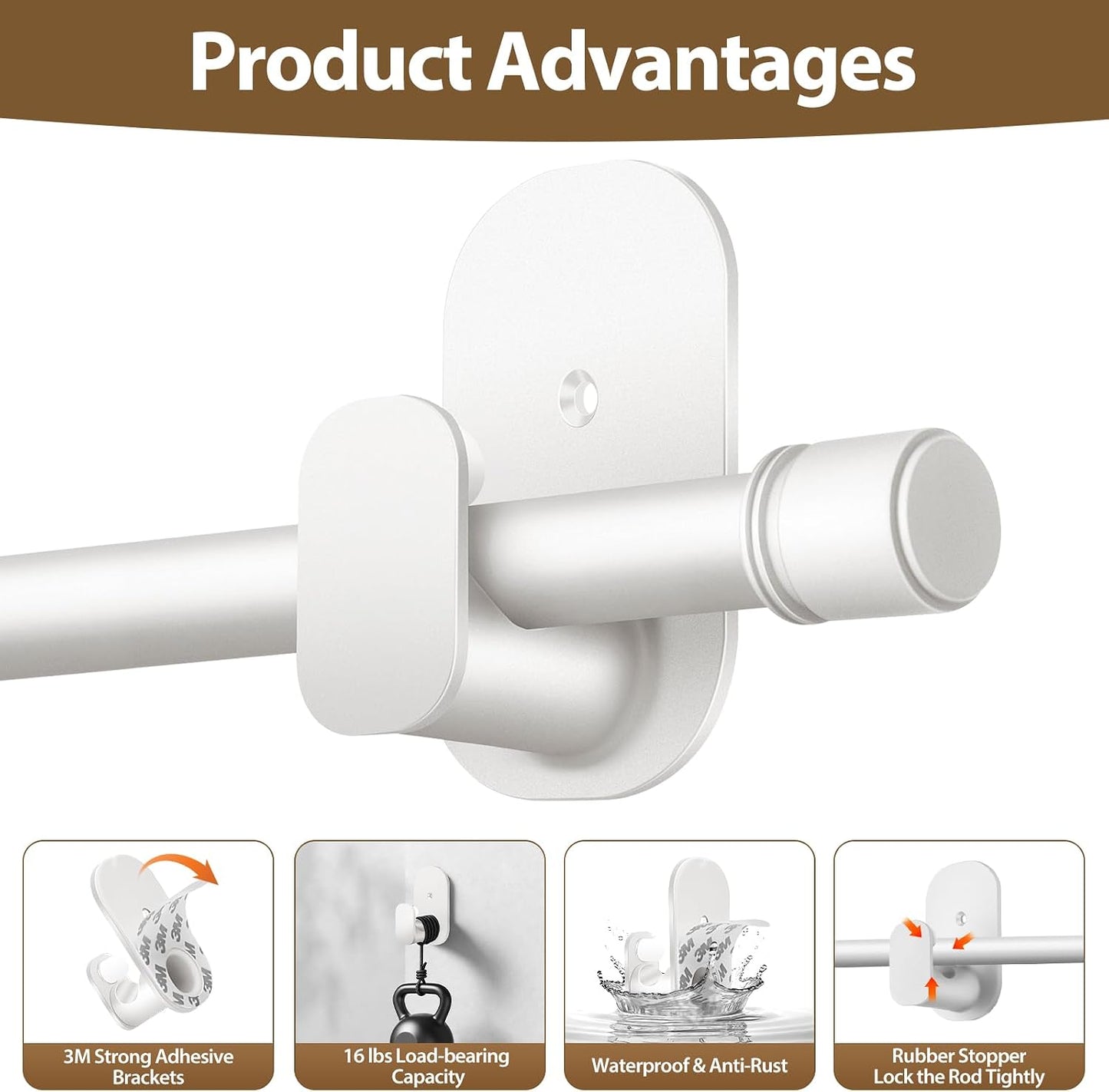 HOTOZON No Drill Curtain Rod Brackets 2 Pack, Self Adhesive Curtain Rods Hooks for Poles 5/8 Inches & 4/8 Inches, Renter Friendly Curtain Rod Holders, White