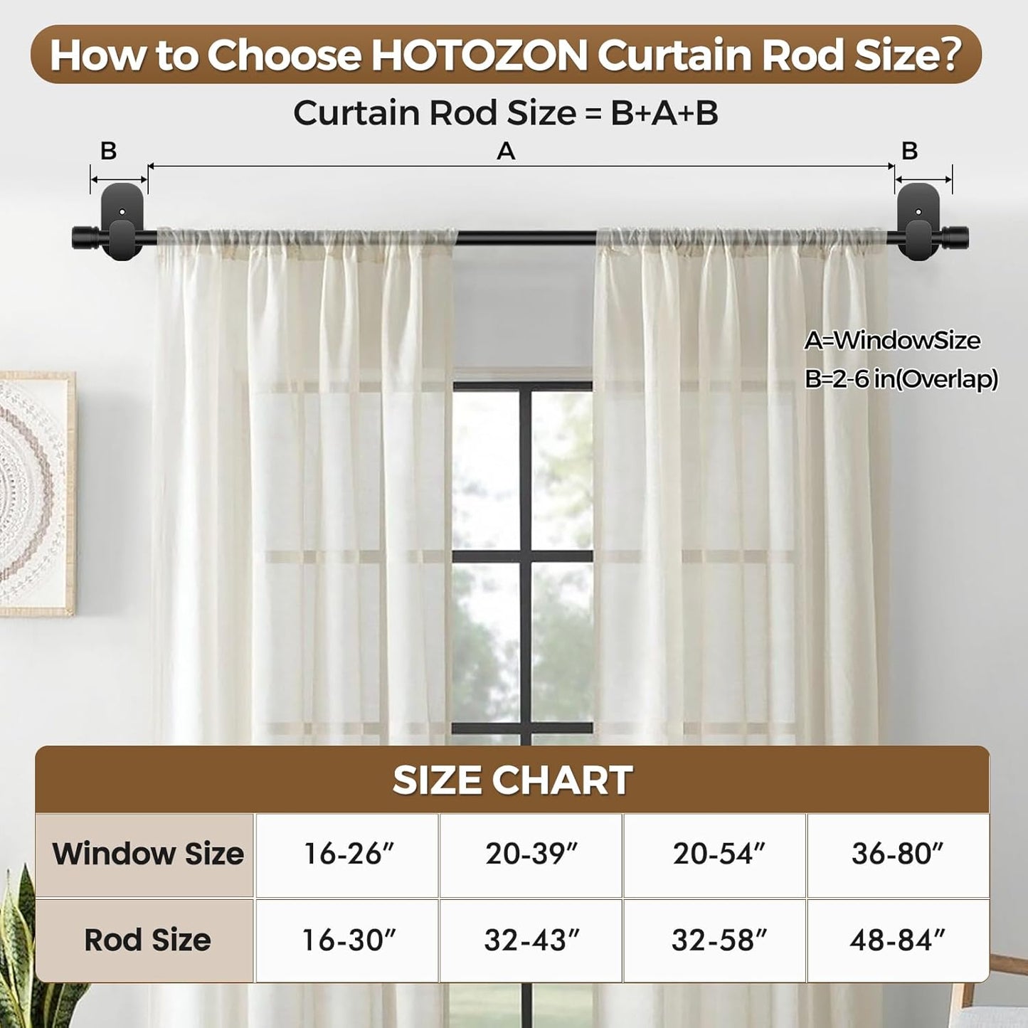 Curtain Rods No Drilling 32 to 86 Inch, HOTOZON 5/8 Inches No Drill Curtain Rods for Windows 55 to 82 Inches(4.5-6.8 ft), Renter Friendly Adjustable Small Drapery Rod for Lightweight Curtains, Black
