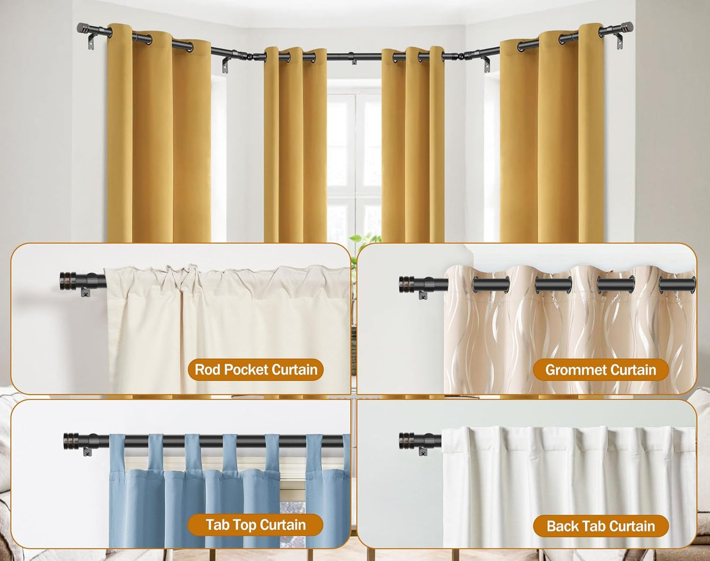 Bay Window Curtain Rods, HOTOZON 7/8 Inch Heavy Duty Curtain Rods for Bay Windows 48-84 Inch(Center Rod), 32-58 Inch Side Rods for Windows, Black, Decorative Drapery Rod with End Cap Finials
