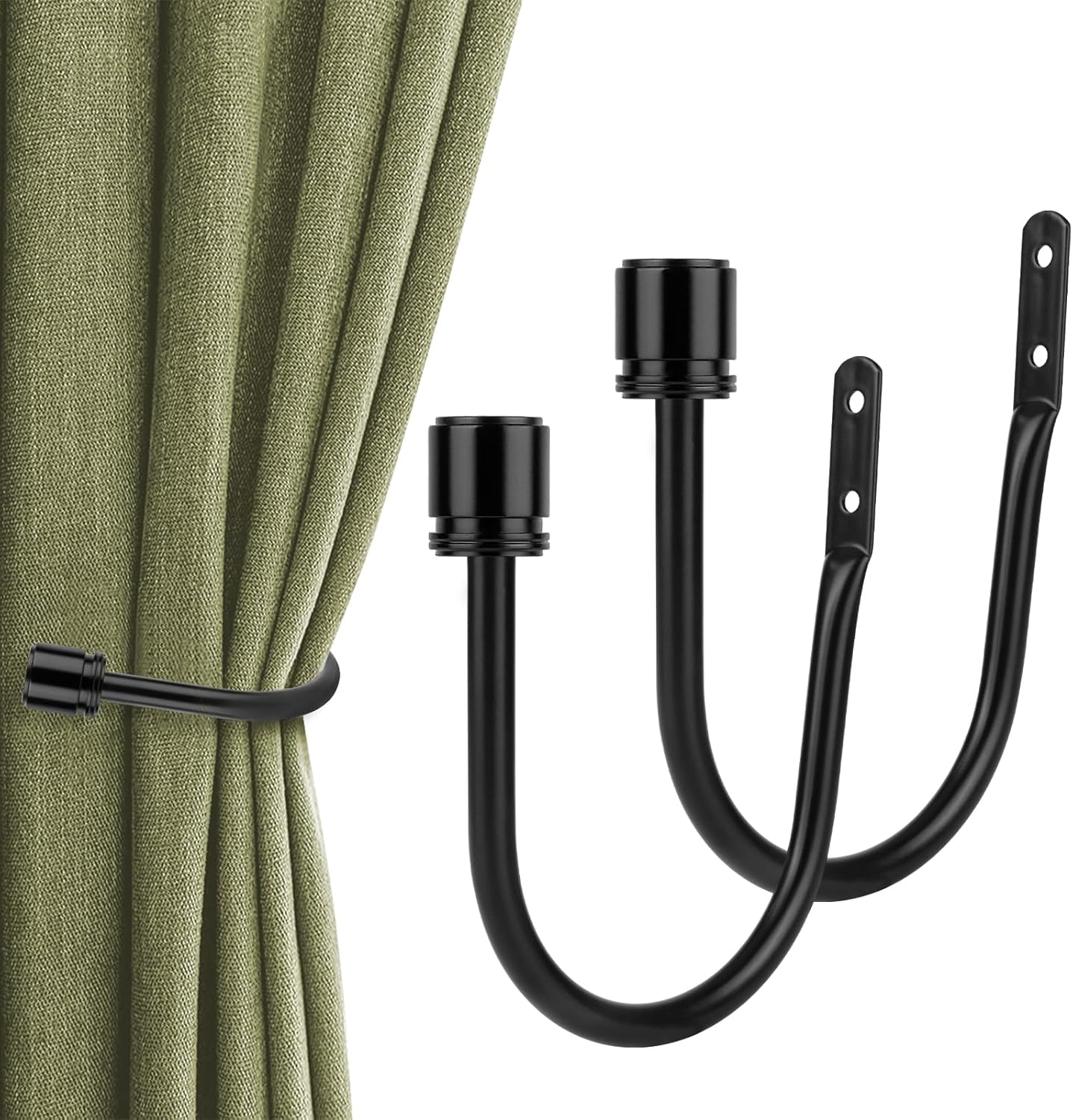Curtain Holdbacks 2 Pack, HOTOZON Decorative Curtain Tieback with Screws Wall Mounted, Curtain Hooks for Drapes with Simple End Finials, Black (1 Pair/2 Pack), Large