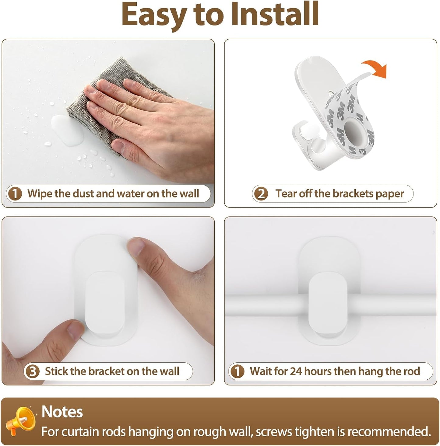 HOTOZON No Drill Curtain Rod Brackets 2 Pack, Self Adhesive Curtain Rods Hooks for Poles 5/8 Inches & 4/8 Inches, Renter Friendly Curtain Rod Holders, White