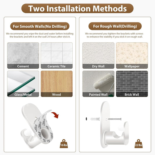 HOTOZON No Drill Curtain Rod Brackets 2 Pack, Self Adhesive Curtain Rods Hooks for Poles 5/8 Inches & 4/8 Inches, Renter Friendly Curtain Rod Holders, White