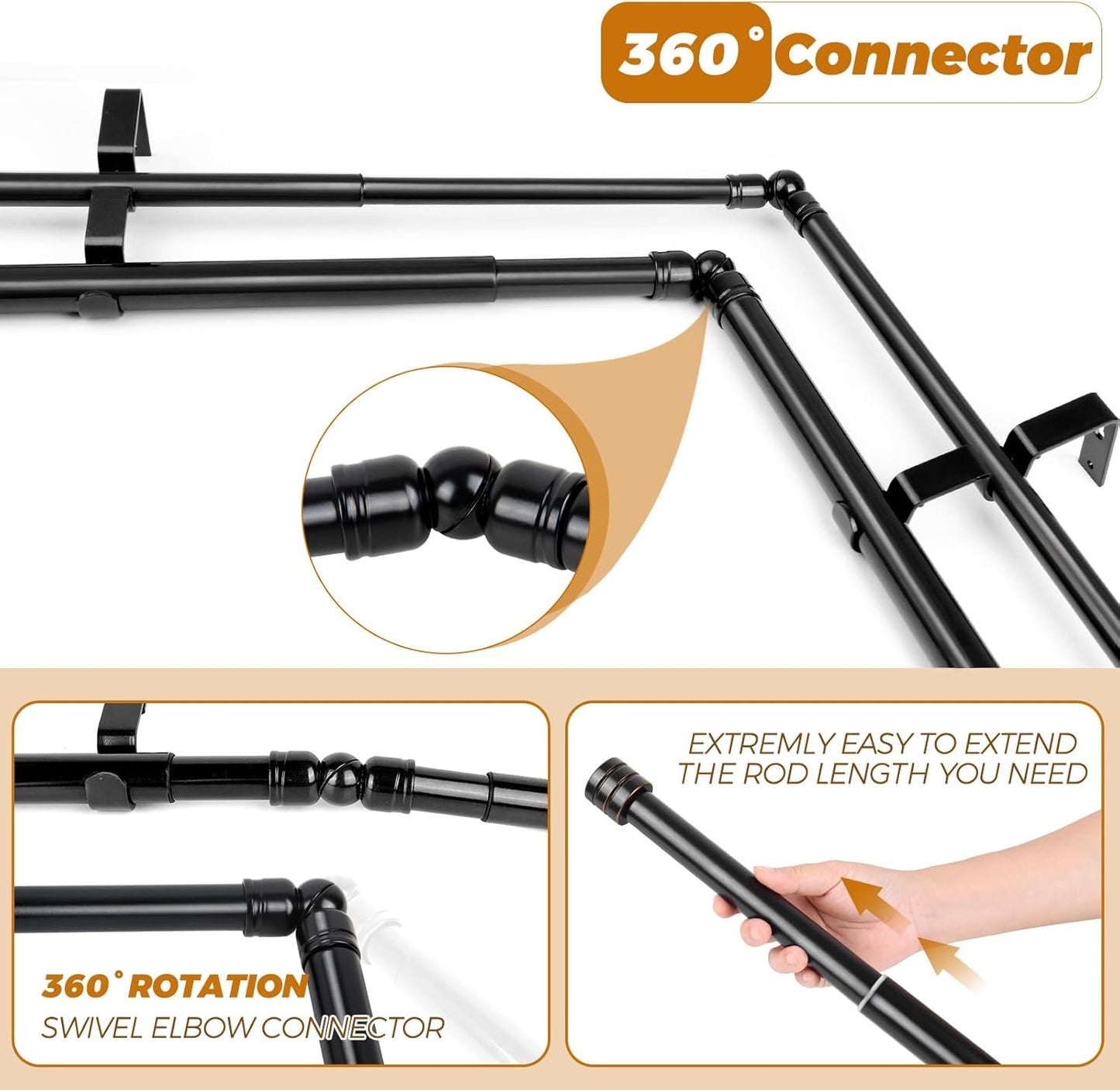 HOTOZON 1 Inch Heavy Duty Double Bay Window Curtain Rod, 36-72 Inch Telescoping Center Rod, 20-36 Inch Adjustable Side Rod Set, Black, End Cap Finials