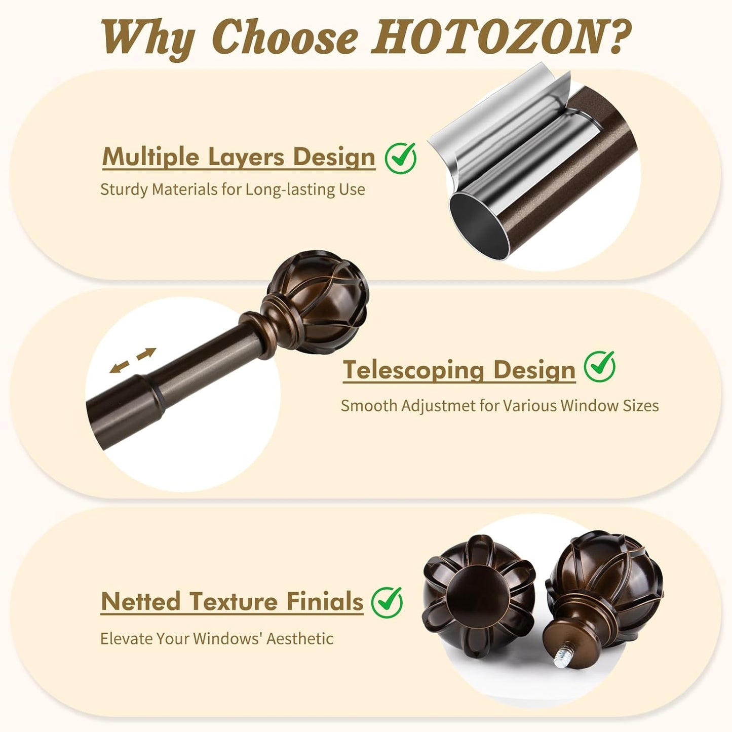 Bronze Curtain Rods 2 Pack, HOTOZON Curtain Rods for window 32 to 58 Inch, New Splicing Window Rod for Windows, 3/4 Inch Single Drapery Rod with Netted Finials