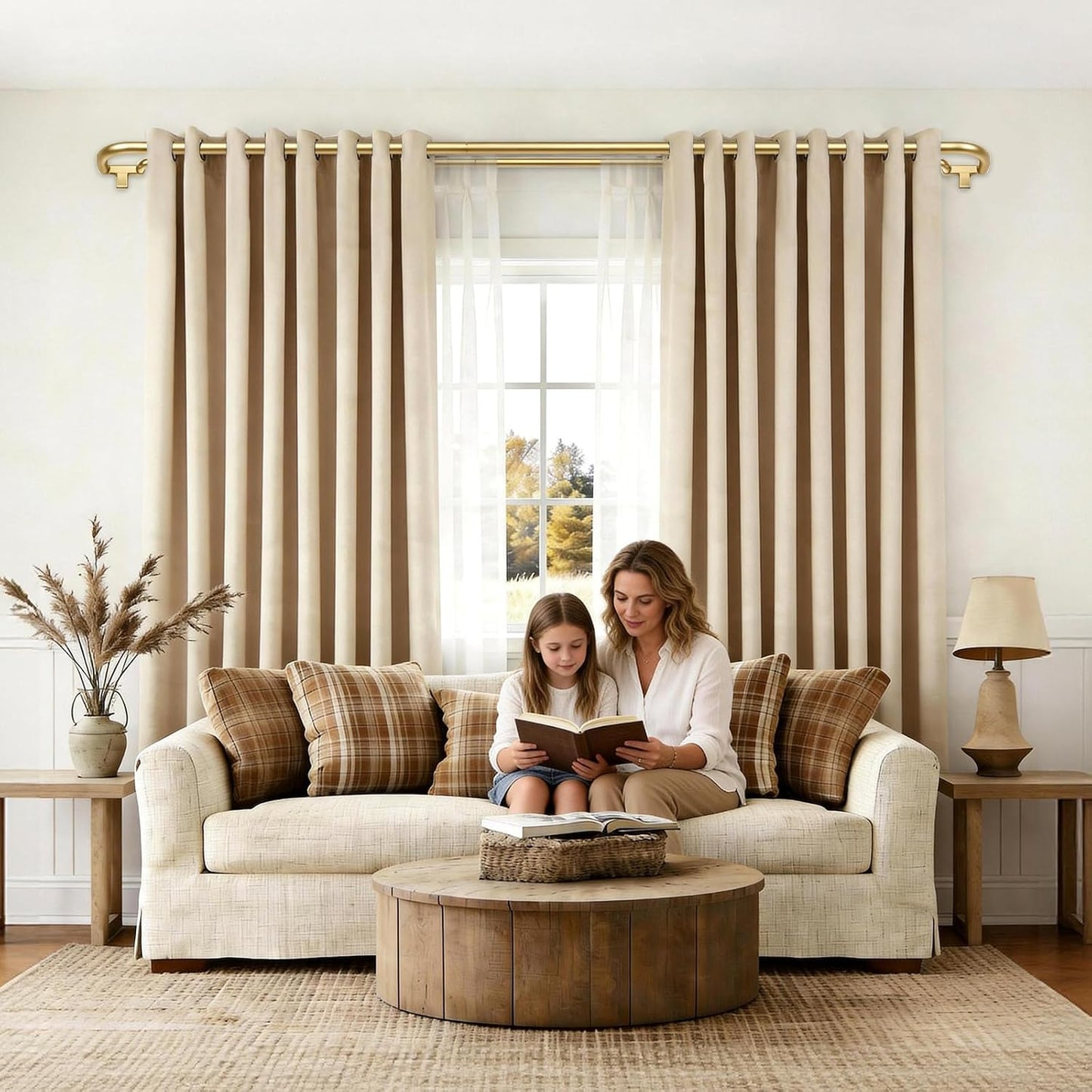 Double Curtain Rods 32 to 86 Inches, HOTOZON Wrap Around Double Curtain Rods for Windows 55 to 82 Inches (4.6-6.8 ft), 6/8 Inches Telescoping Adjustable Blackout Room Darkening Drapery Rod, Gold