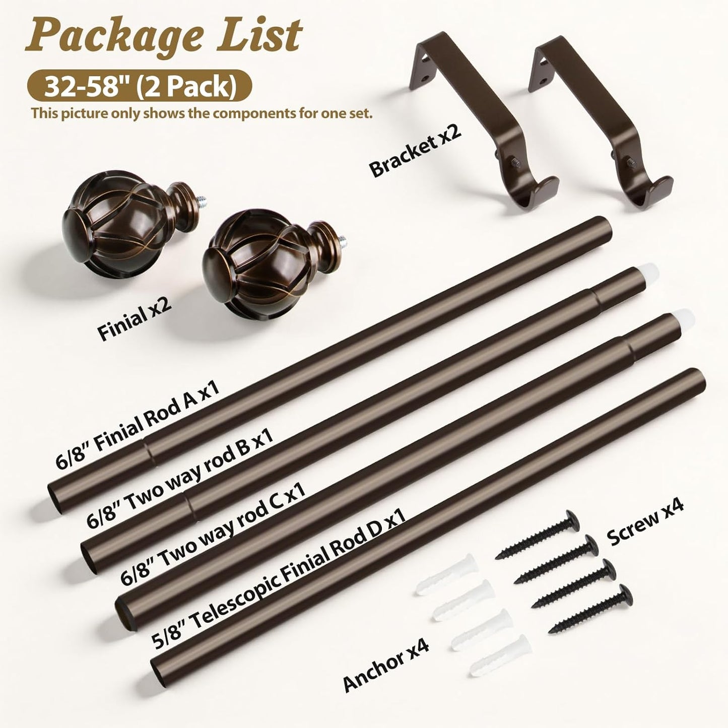 Bronze Curtain Rods 2 Pack, HOTOZON Curtain Rods for window 32 to 58 Inch, New Splicing Window Rod for Windows, 3/4 Inch Single Drapery Rod with Netted Finials