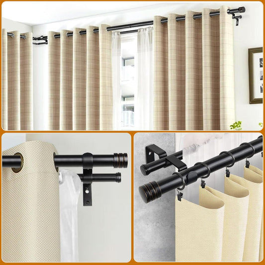 HOTOZON 1 Inch Heavy Duty Double Bay Window Curtain Rod, 36-72 Inch Telescoping Center Rod, 20-36 Inch Adjustable Side Rod Set, Black, End Cap Finials