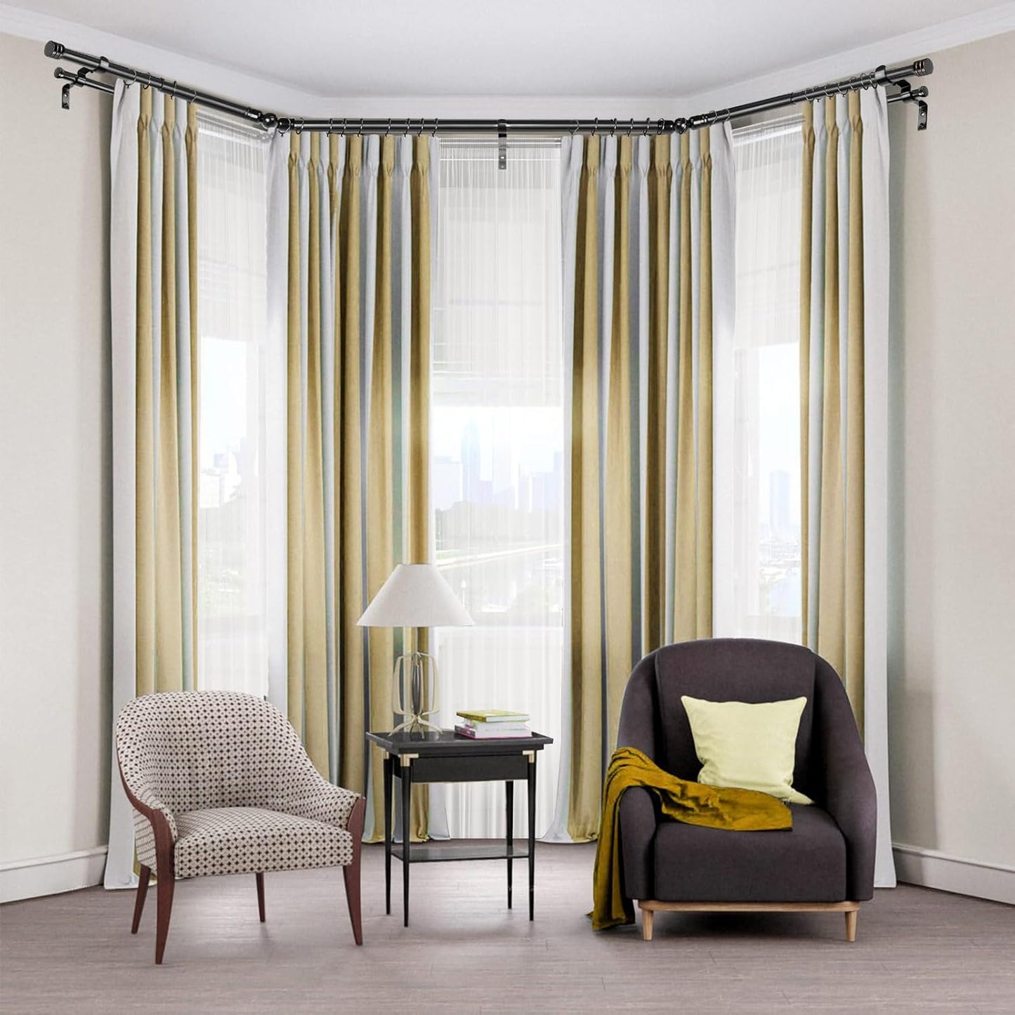 HOTOZON 1 Inch Heavy Duty Double Bay Window Curtain Rod, 36-72 Inch Telescoping Center Rod, 20-36 Inch Adjustable Side Rod Set, Black, End Cap Finials