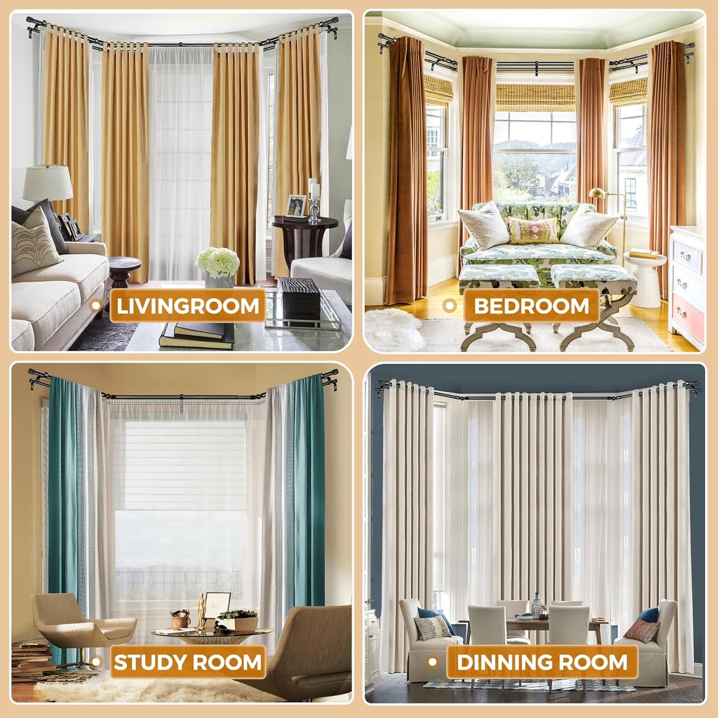 HOTOZON 1 Inch Heavy Duty Double Bay Window Curtain Rod, 36-72 Inch Telescoping Center Rod, 20-36 Inch Adjustable Side Rod Set, Black, End Cap Finials